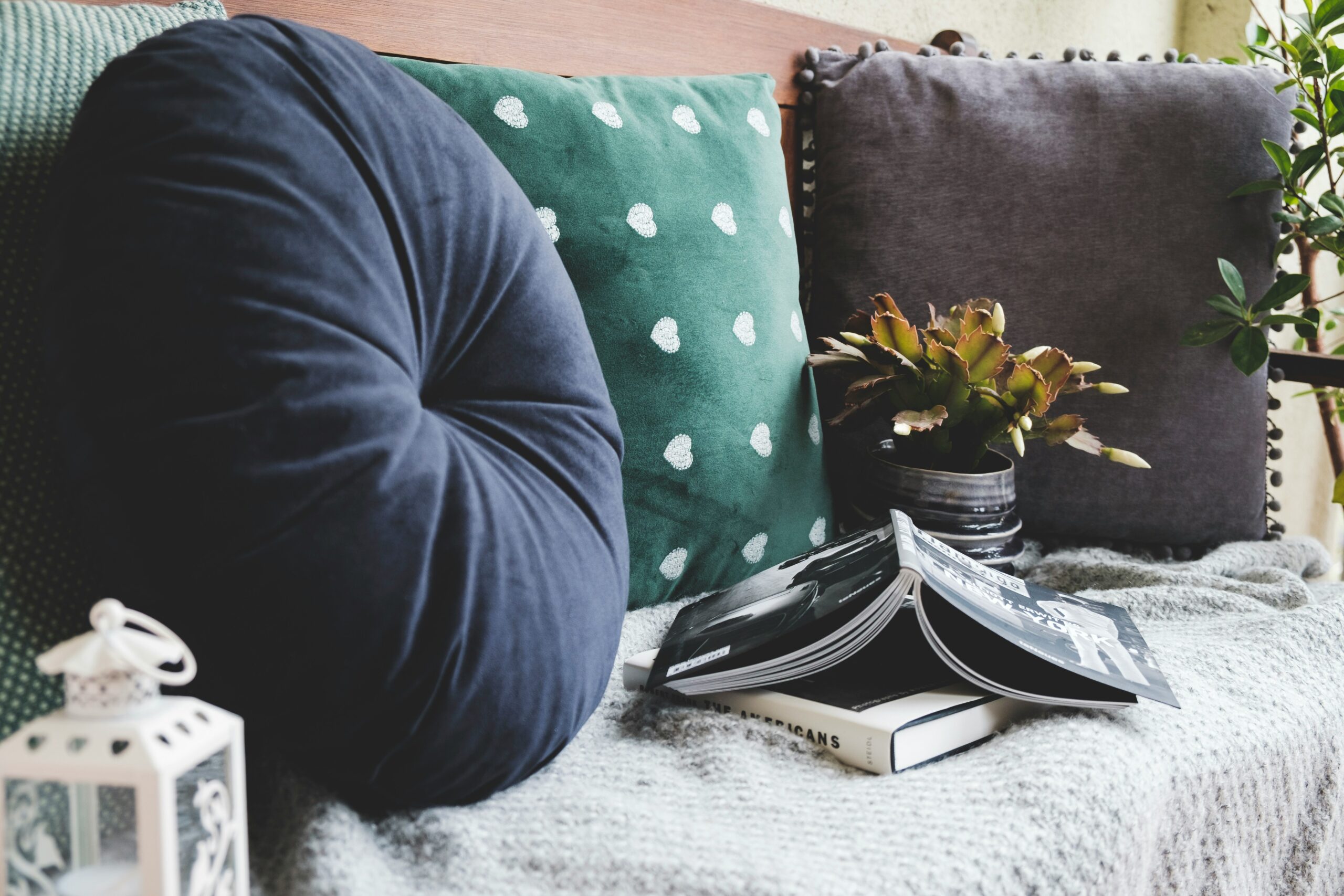 Comfy couch with books.