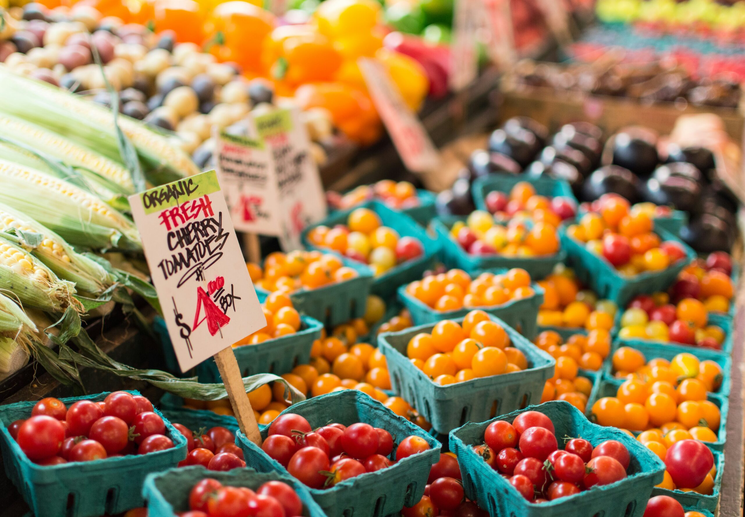 Colorful fruits and vegetables and the farmers market.